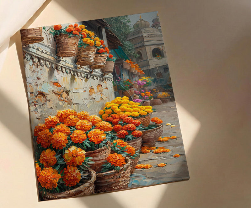 India Market Art, Marigold Flower Print, Orange Wall, Impasto Oil Painting, Floral Basket, Vibrant Colors