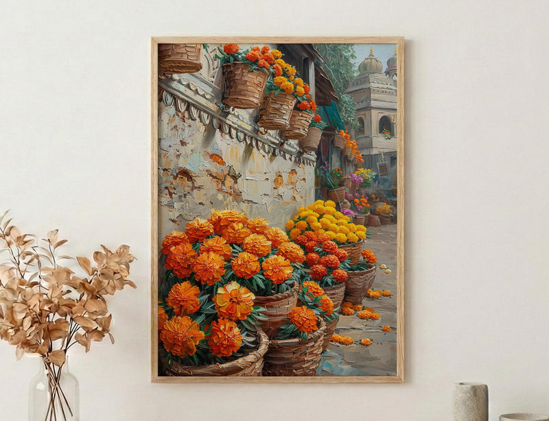 India Market Art, Marigold Flower Print, Orange Wall, Impasto Oil Painting, Floral Basket, Vibrant Colors