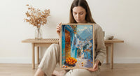 Morocco Wall Art, Chefchaouen Print, Blue City Street, Impasto Oil Painting, Orange Fruit, Boho Travel Decor