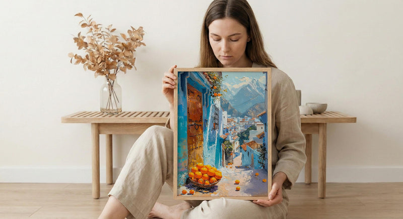 Morocco Wall Art, Chefchaouen Print, Blue City Street, Impasto Oil Painting, Orange Fruit, Boho Travel Decor