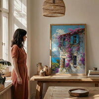 Turkey Wall Art, Alacati Print, Aegean Stone House, Impasto Oil Painting, Blue Bay Window, Bougainvillea, Summer