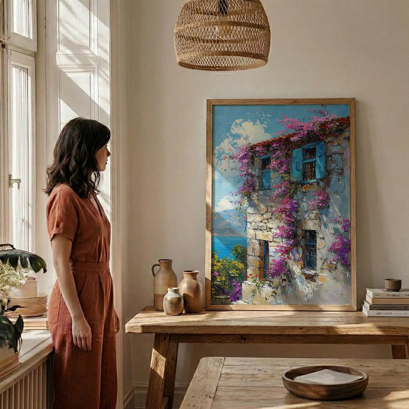 Turkey Wall Art, Alacati Print, Aegean Stone House, Impasto Oil Painting, Blue Bay Window, Bougainvillea, Summer