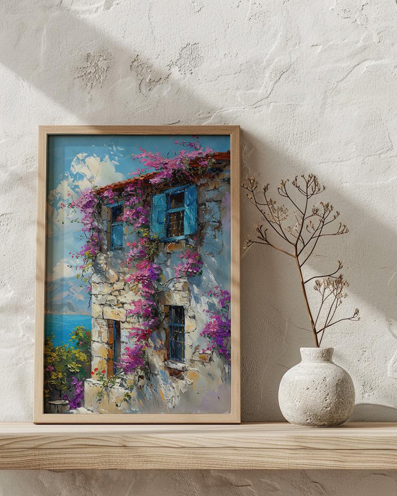 Turkey Wall Art, Alacati Print, Aegean Stone House, Impasto Oil Painting, Blue Bay Window, Bougainvillea, Summer