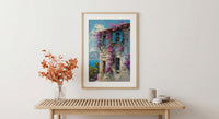Turkey Wall Art, Alacati Print, Aegean Stone House, Impasto Oil Painting, Blue Bay Window, Bougainvillea, Summer
