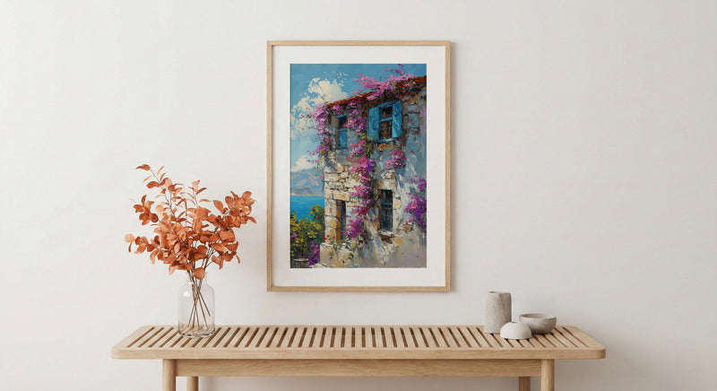 Turkey Wall Art, Alacati Print, Aegean Stone House, Impasto Oil Painting, Blue Bay Window, Bougainvillea, Summer