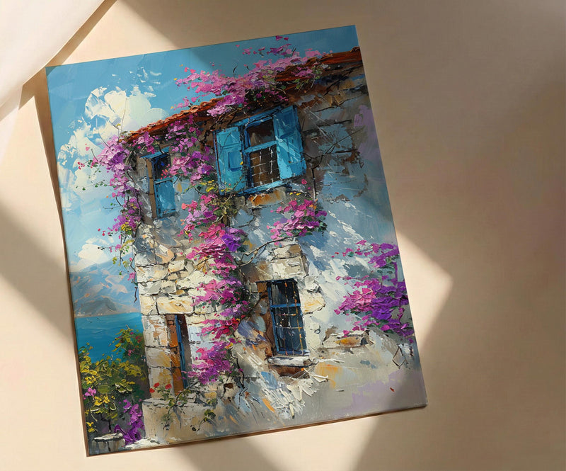 Turkey Wall Art, Alacati Print, Aegean Stone House, Impasto Oil Painting, Blue Bay Window, Bougainvillea, Summer
