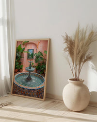 Moroccan Riad Art, Courtyard Print, Boho Patio Decor, Impasto Oil Painting, Zellige Tile, Tropical Plants, Peach