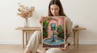 Moroccan Riad Art, Courtyard Print, Boho Patio Decor, Impasto Oil Painting, Zellige Tile, Tropical Plants, Peach