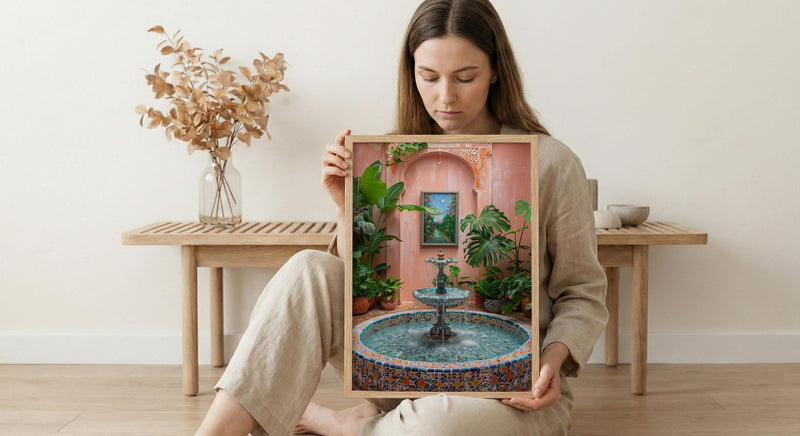 Moroccan Riad Art, Courtyard Print, Boho Patio Decor, Impasto Oil Painting, Zellige Tile, Tropical Plants, Peach