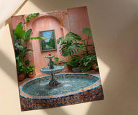 Moroccan Riad Art, Courtyard Print, Boho Patio Decor, Impasto Oil Painting, Zellige Tile, Tropical Plants, Peach