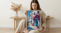 Tunisia Wall Art, Sidi Bou Said Print, Blue and White, Impasto Oil Painting, Pink Flowers, Mediterranean Art
