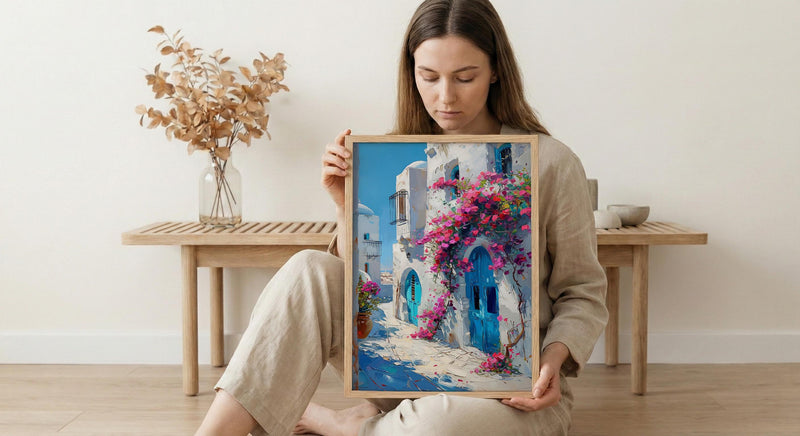 Tunisia Wall Art, Sidi Bou Said Print, Blue and White, Impasto Oil Painting, Pink Flowers, Mediterranean Art