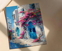 Tunisia Wall Art, Sidi Bou Said Print, Blue and White, Impasto Oil Painting, Pink Flowers, Mediterranean Art