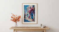 Tunisia Wall Art, Sidi Bou Said Print, Blue and White, Impasto Oil Painting, Pink Flowers, Mediterranean Art