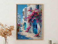 Tunisia Wall Art, Sidi Bou Said Print, Blue and White, Impasto Oil Painting, Pink Flowers, Mediterranean Art