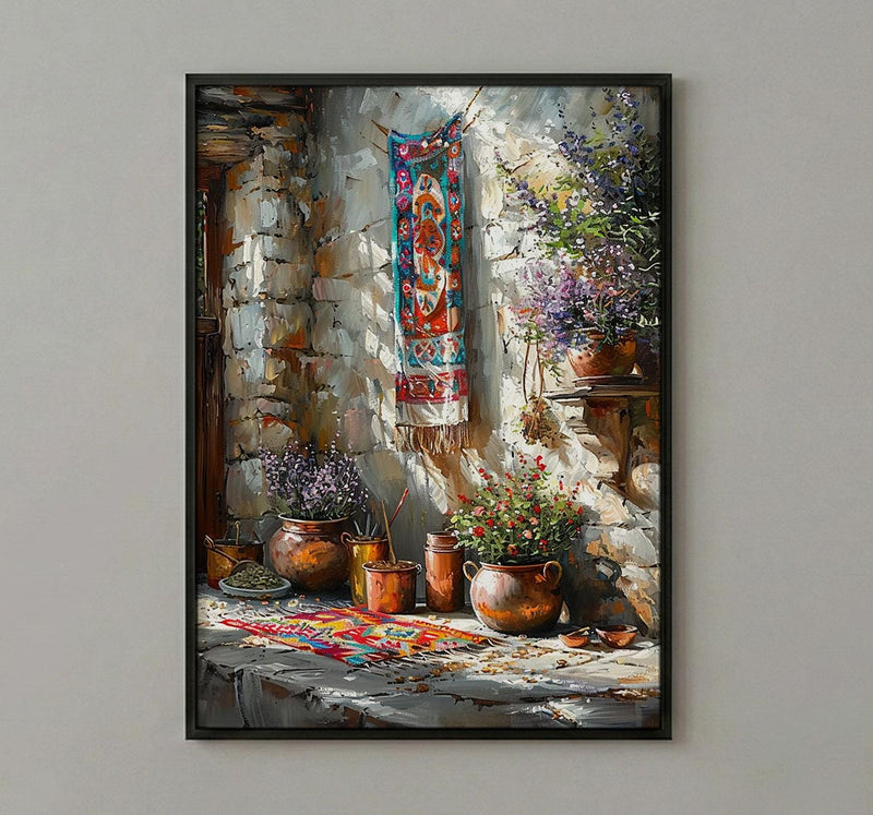Turkish Rug Art, Kilim Wall Decor, Rustic Stone Print, Impasto Oil Painting, Boho Texture, Copper Pot, Kitchen