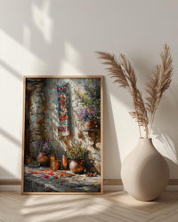 Turkish Rug Art, Kilim Wall Decor, Rustic Stone Print, Impasto Oil Painting, Boho Texture, Copper Pot, Kitchen