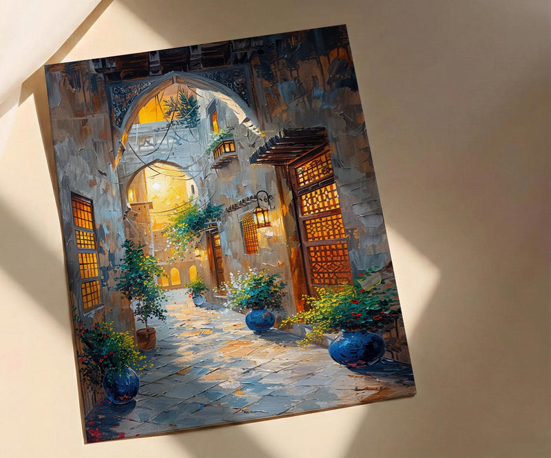 Dubai Wall Art, Old Town Print, Middle Eastern Decor, Impasto Oil Painting, Wind Tower, Golden Hour, Travel Gift