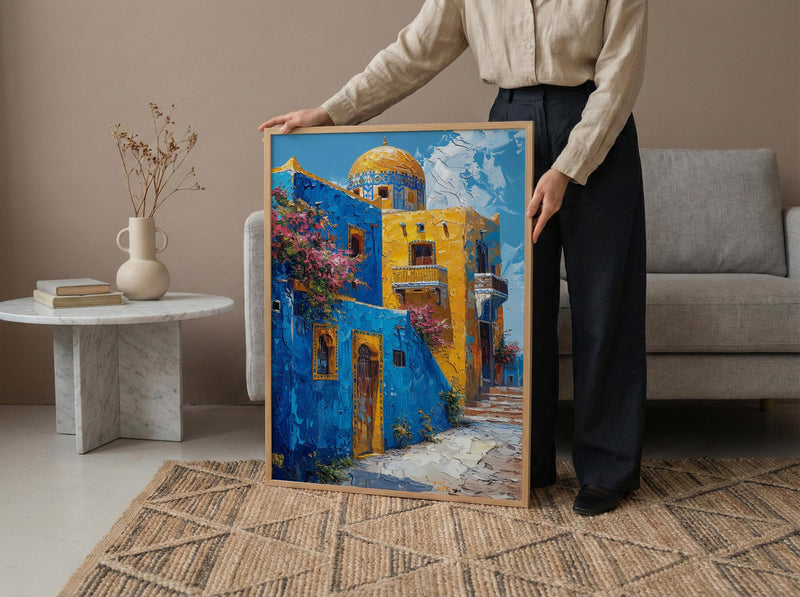 Egypt Wall Art, Nubian House Print, Colorful Aswan, Impasto Oil Painting, Geometric Pattern, African Boho