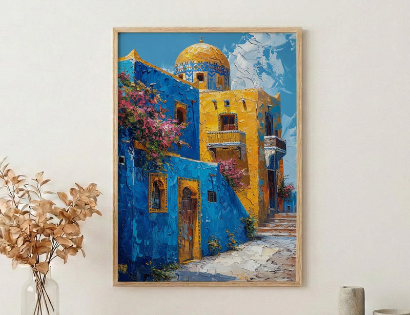 Egypt Wall Art, Nubian House Print, Colorful Aswan, Impasto Oil Painting, Geometric Pattern, African Boho