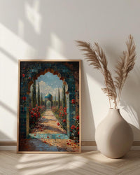Persian Art Print, Garden Arch Decor, Turquoise Tile, Impasto Oil Painting, Red Roses, Mystic Landscape, Spiritual