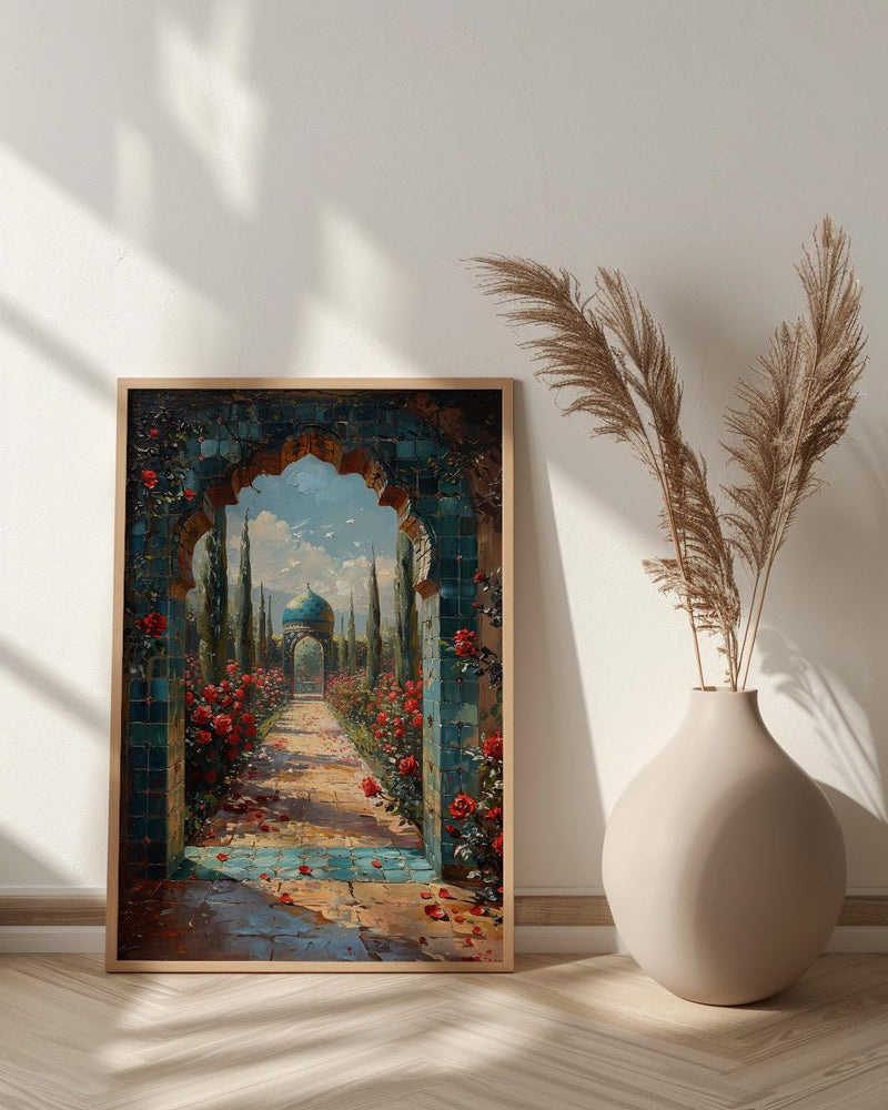 Persian Art Print, Garden Arch Decor, Turquoise Tile, Impasto Oil Painting, Red Roses, Mystic Landscape, Spiritual