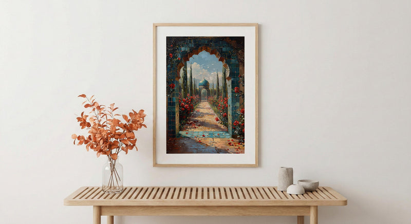 Persian Art Print, Garden Arch Decor, Turquoise Tile, Impasto Oil Painting, Red Roses, Mystic Landscape, Spiritual