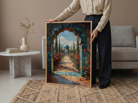 Persian Art Print, Garden Arch Decor, Turquoise Tile, Impasto Oil Painting, Red Roses, Mystic Landscape, Spiritual