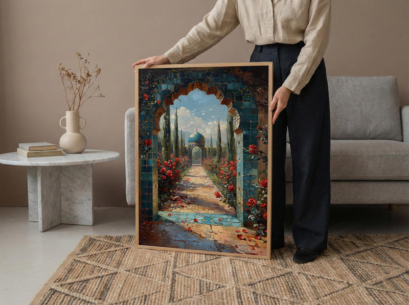 Persian Art Print, Garden Arch Decor, Turquoise Tile, Impasto Oil Painting, Red Roses, Mystic Landscape, Spiritual