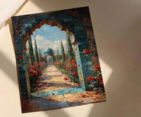 Persian Art Print, Garden Arch Decor, Turquoise Tile, Impasto Oil Painting, Red Roses, Mystic Landscape, Spiritual