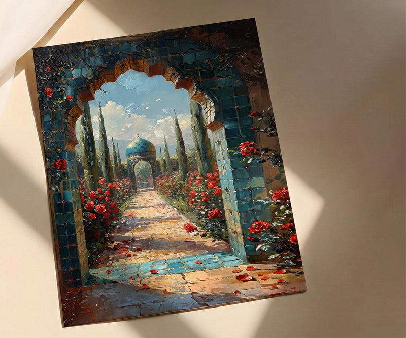 Persian Art Print, Garden Arch Decor, Turquoise Tile, Impasto Oil Painting, Red Roses, Mystic Landscape, Spiritual
