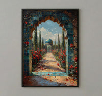 Persian Art Print, Garden Arch Decor, Turquoise Tile, Impasto Oil Painting, Red Roses, Mystic Landscape, Spiritual