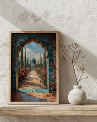 Persian Art Print, Garden Arch Decor, Turquoise Tile, Impasto Oil Painting, Red Roses, Mystic Landscape, Spiritual