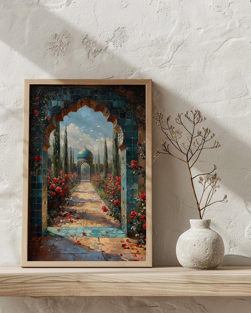 Persian Art Print, Garden Arch Decor, Turquoise Tile, Impasto Oil Painting, Red Roses, Mystic Landscape, Spiritual
