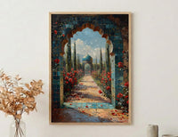 Persian Art Print, Garden Arch Decor, Turquoise Tile, Impasto Oil Painting, Red Roses, Mystic Landscape, Spiritual