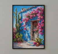 Mexico Wall Art, Blue House Print, Cobalt Blue Decor, Impasto Oil Painting, Cactus Garden, Latin Home Decor, Travel Gift