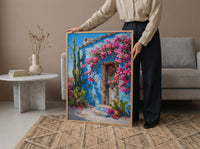 Mexico Wall Art, Blue House Print, Cobalt Blue Decor, Impasto Oil Painting, Cactus Garden, Latin Home Decor, Travel Gift