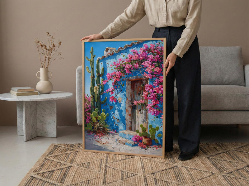 Mexico Wall Art, Blue House Print, Cobalt Blue Decor, Impasto Oil Painting, Cactus Garden, Latin Home Decor, Travel Gift