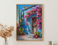 Mexico Wall Art, Blue House Print, Cobalt Blue Decor, Impasto Oil Painting, Cactus Garden, Latin Home Decor, Travel Gift