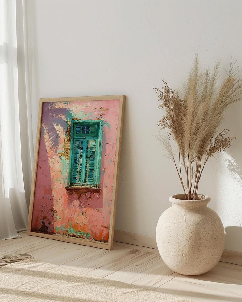 Havana Cuba Wall Art, Pink Wall Decor, Turquoise Window, Impasto Oil Painting, Pastel Tropical Print, Caribbean Vibe