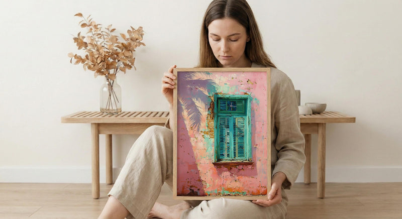 Havana Cuba Wall Art, Pink Wall Decor, Turquoise Window, Impasto Oil Painting, Pastel Tropical Print, Caribbean Vibe