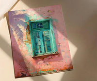 Havana Cuba Wall Art, Pink Wall Decor, Turquoise Window, Impasto Oil Painting, Pastel Tropical Print, Caribbean Vibe