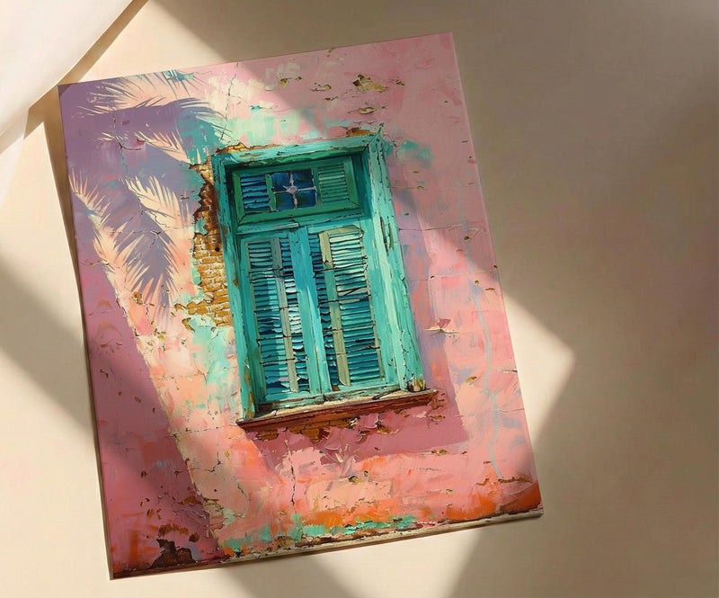 Havana Cuba Wall Art, Pink Wall Decor, Turquoise Window, Impasto Oil Painting, Pastel Tropical Print, Caribbean Vibe