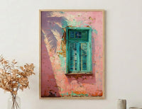 Havana Cuba Wall Art, Pink Wall Decor, Turquoise Window, Impasto Oil Painting, Pastel Tropical Print, Caribbean Vibe