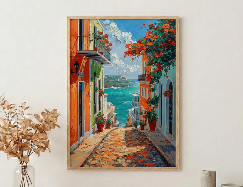Puerto Rico Wall Art, Old San Juan Print, Colorful Street, Impasto Oil Painting, Orange House Decor, Caribbean Gift
