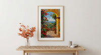 Mexican Hacienda Art, Yellow Arch Print, Garden Wall Decor, Impasto Oil Painting, Red Geraniums, Boho Patio Poster