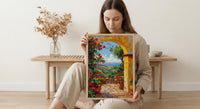 Mexican Hacienda Art, Yellow Arch Print, Garden Wall Decor, Impasto Oil Painting, Red Geraniums, Boho Patio Poster