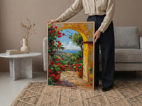 Mexican Hacienda Art, Yellow Arch Print, Garden Wall Decor, Impasto Oil Painting, Red Geraniums, Boho Patio Poster