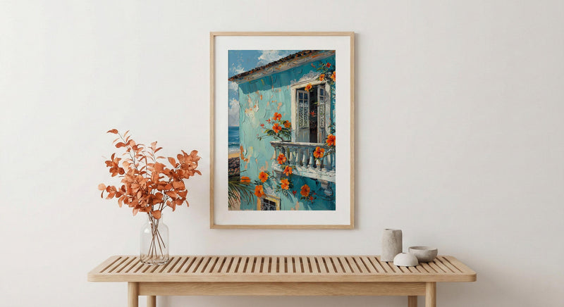 Brazil Wall Art, Salvador Bahia Print, Colonial House, Impasto Oil Painting, Pastel Blue Decor, Tropical Flowers