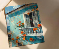 Brazil Wall Art, Salvador Bahia Print, Colonial House, Impasto Oil Painting, Pastel Blue Decor, Tropical Flowers
